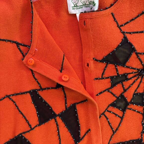Quacker Factory Halloween Beaded Spiderweb Cardigan Womens Sz L Orange Black NEW - Picture 6 of 16